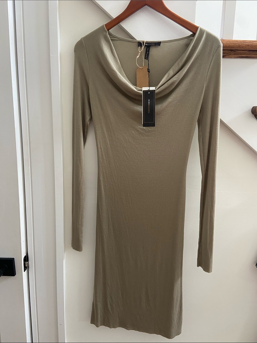 BCBGMaxAzria Olive Green Long Sleeve Cowl Neck Dress
